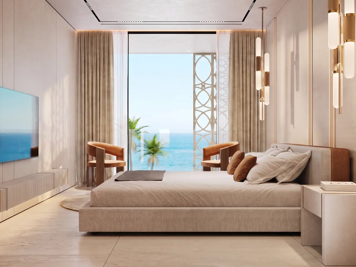Bedroom finished in natural stone with designer furniture