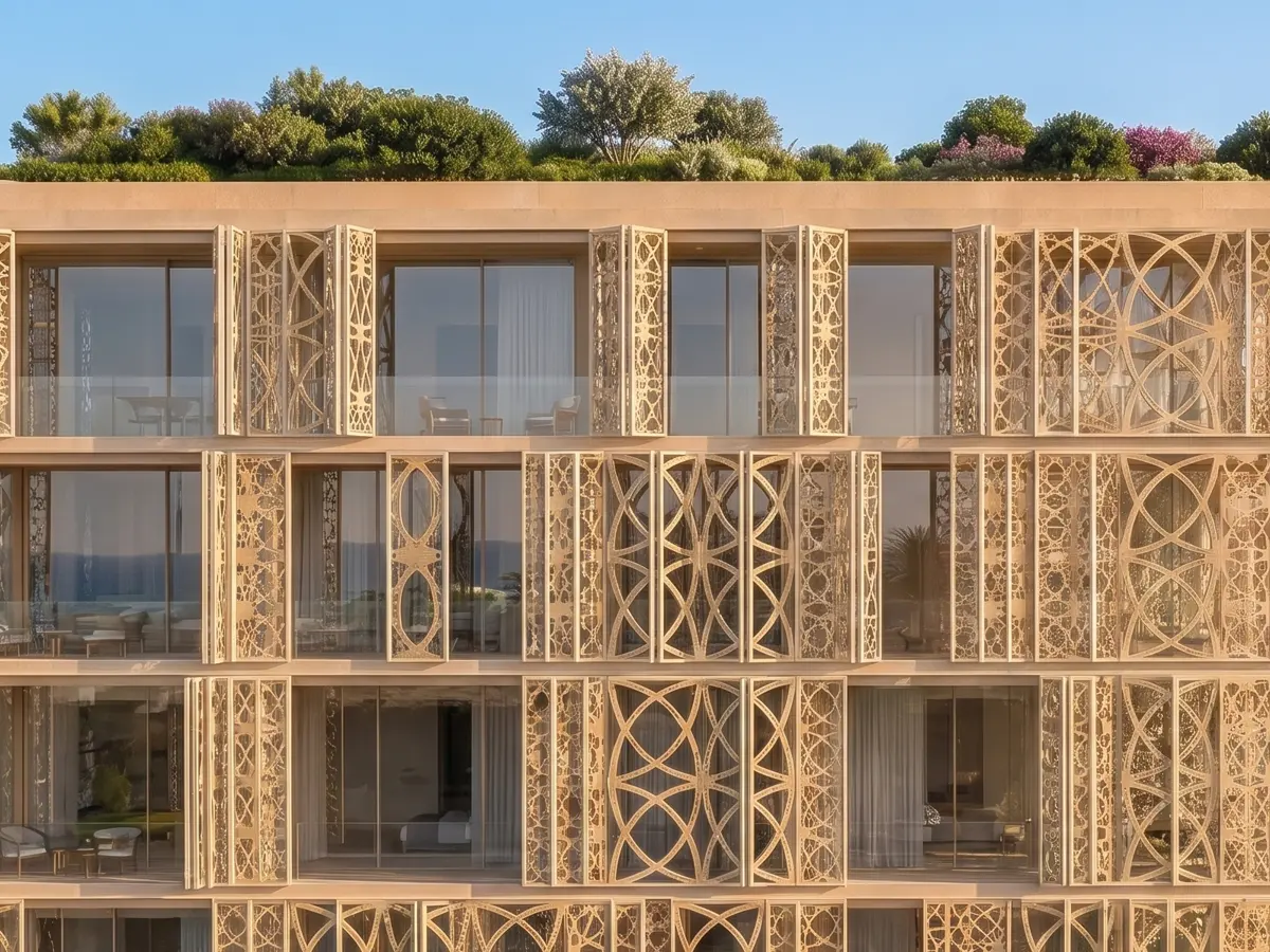 Apartment building facade with folding patterned shutters