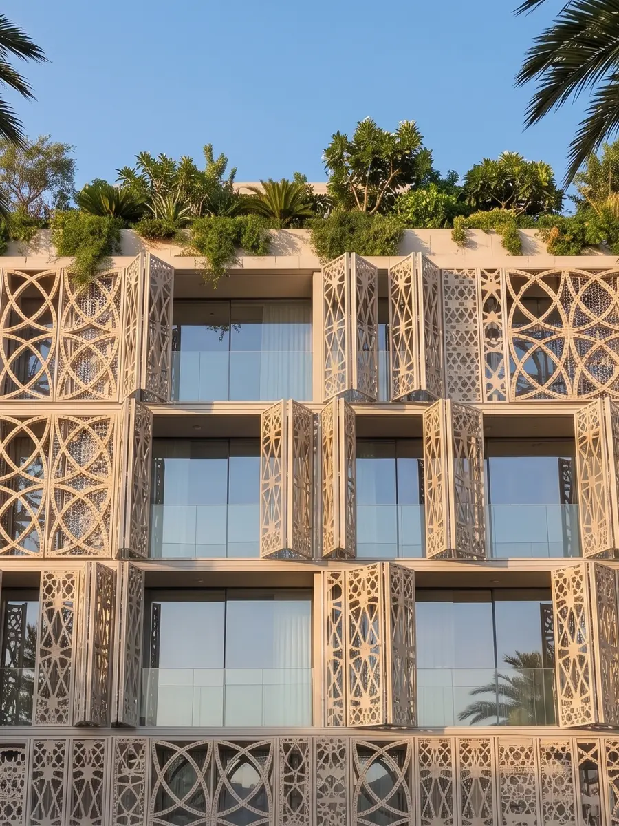 Mashrabiya-patterned facade of a Mira Ocean Estates residence between palms