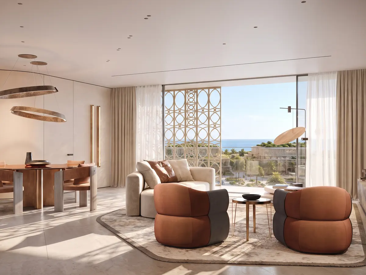 Fully furnished living and dining room with Italian-made furniture