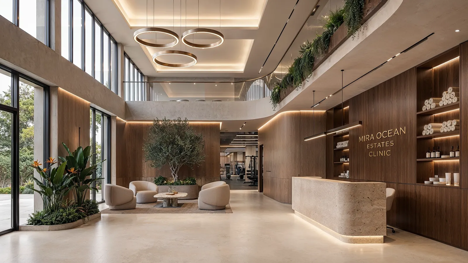Reception of the Mira Ocean Estates clinic in walnut and travertine