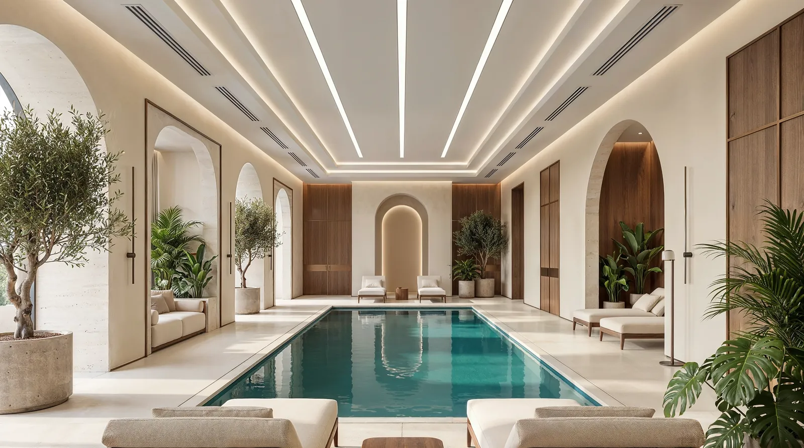 Indoor pool with arched alcoves and olive trees
