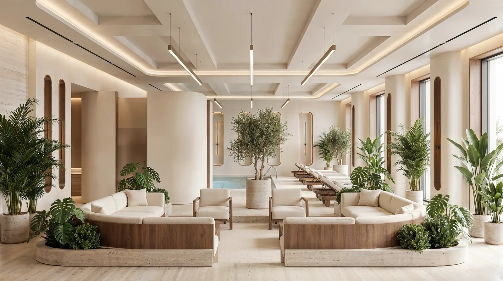 Spa relaxation lounge with loungers beside the water
