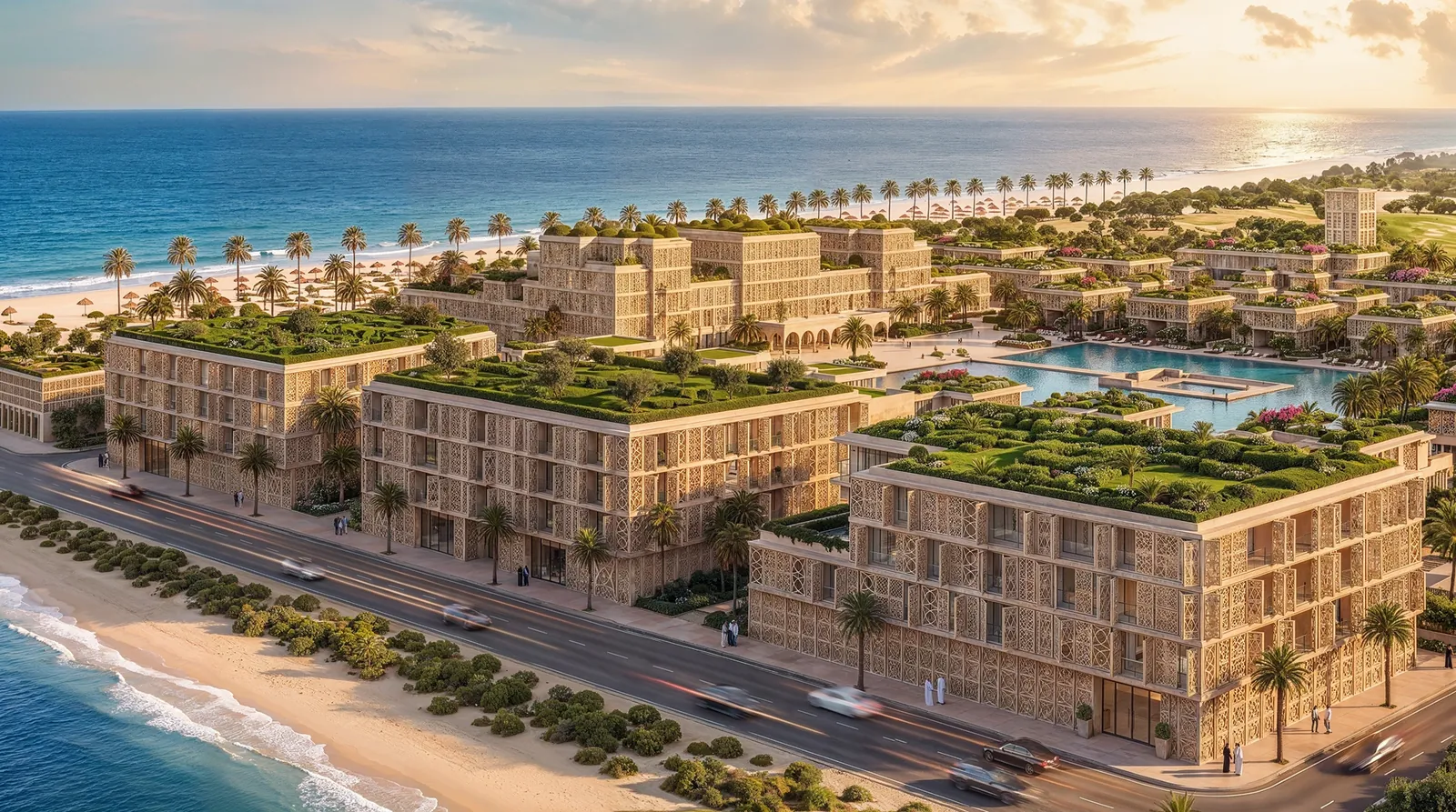 Mira Ocean Estates from above: mashrabiya-clad buildings with green roofs along the Arabian Sea beach