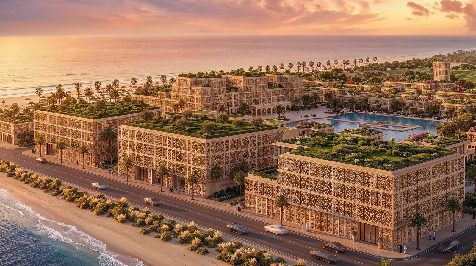 The community at sunset, the beachfront road and palm-lined shoreline in the foreground