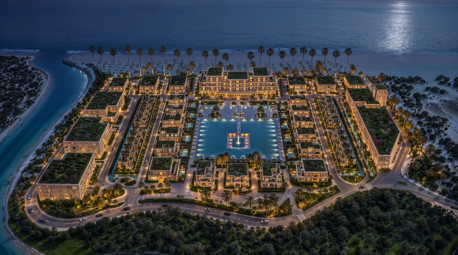 Mira Ocean Estates lit at night around the central swimming pool
