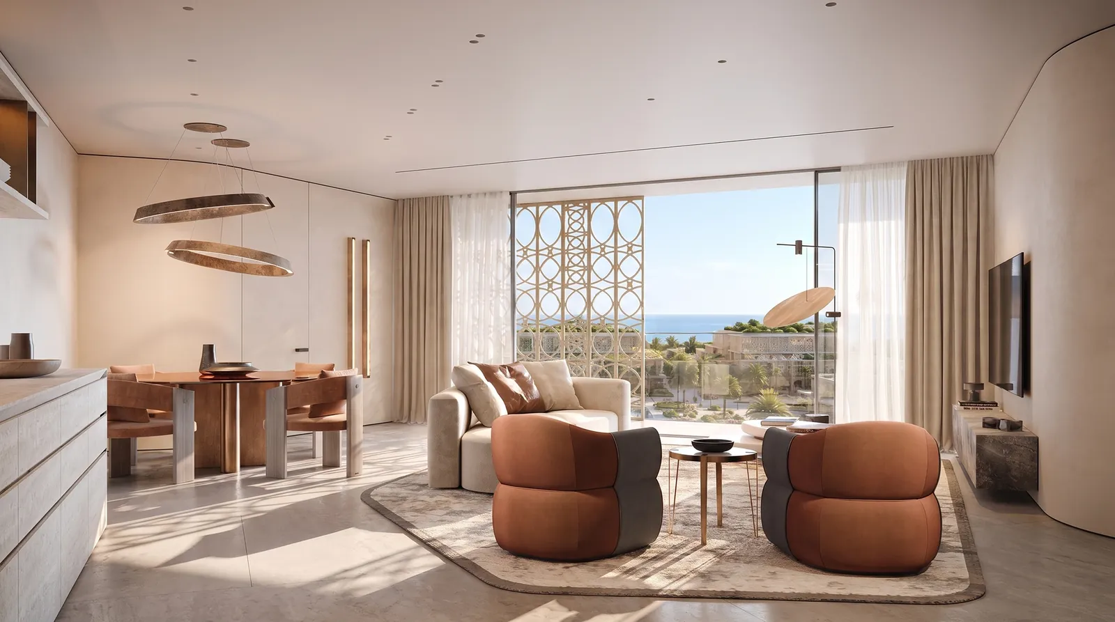 Furnished living and dining room opening to a terrace with a sea view