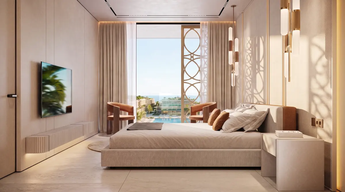 Bedroom overlooking the central pool