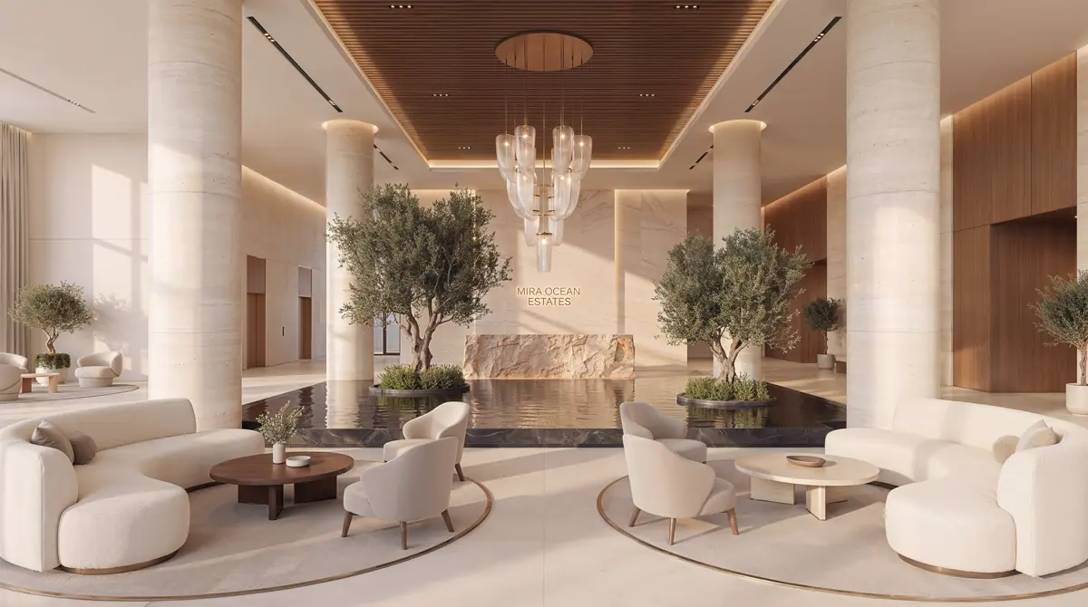 Hotel lobby with chandelier and lounge seating