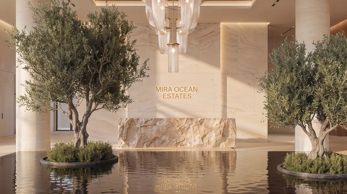 Hotel reception in marble with olive trees and water