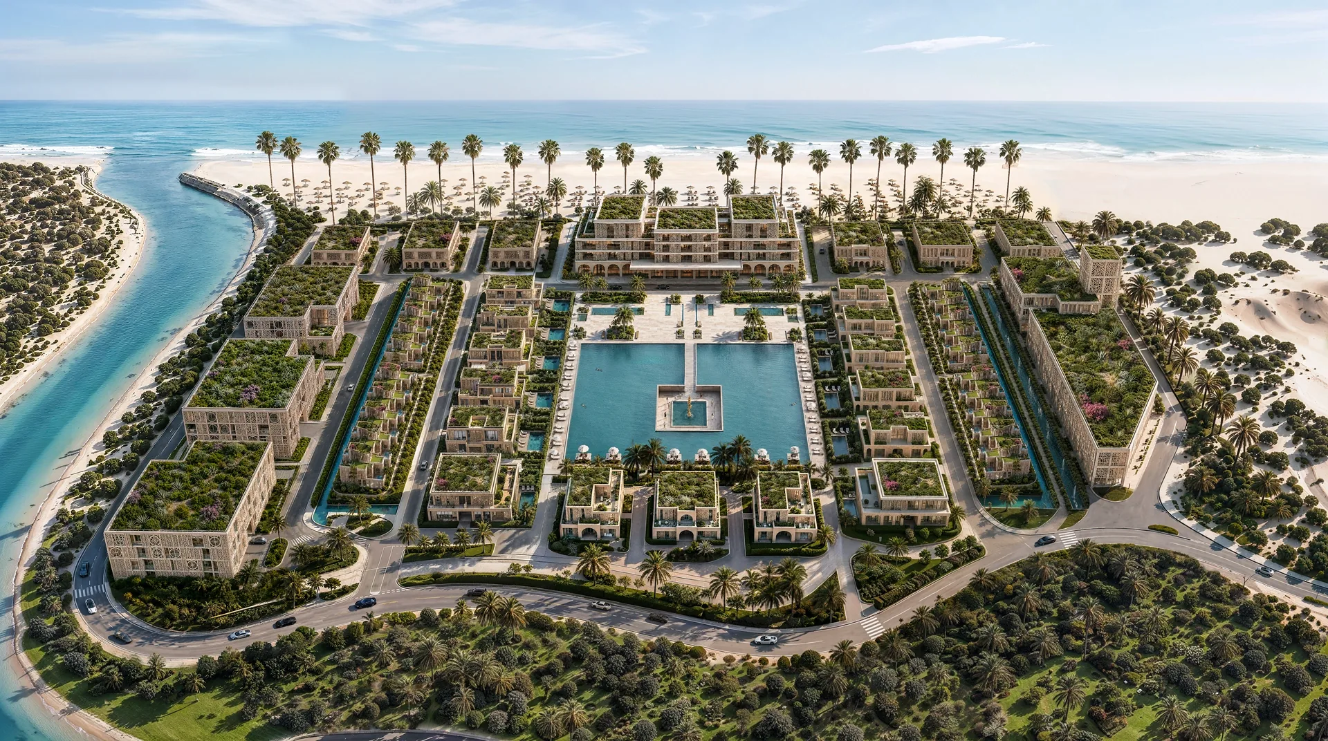 Mira Ocean Estates master plan — branded apartment buildings, villas and townhouses arranged around the central swimming pool, with the five-star hotel and beach club on the Arabian Sea shoreline