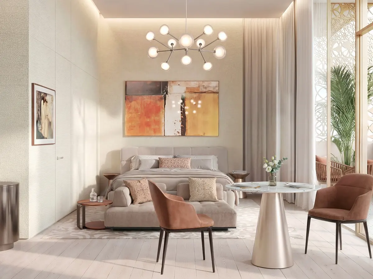 Bedroom and dining area with John Richmond interiors, opening onto a screened balcony