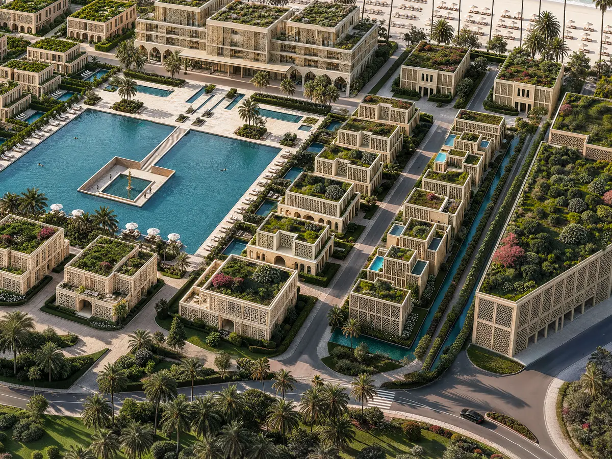 Villas with private pools and green roofs beside the central pool