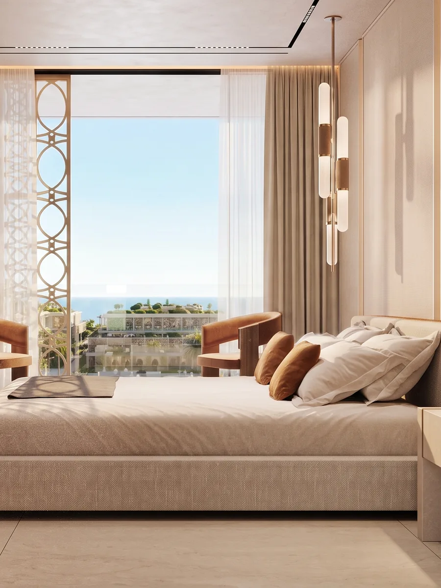 Bedroom with a mashrabiya screen filtering the light
