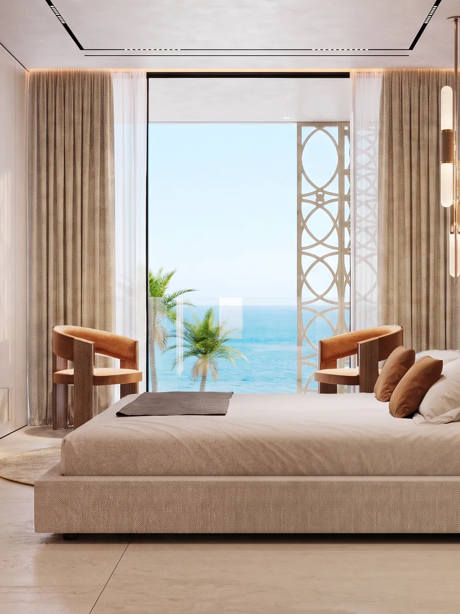 Bedroom at Trussardi Residences looking out over the Arabian Sea