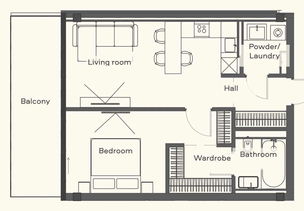 One-bedroom apartment floor plan at Trussardi Residences, Mira Ocean Estates