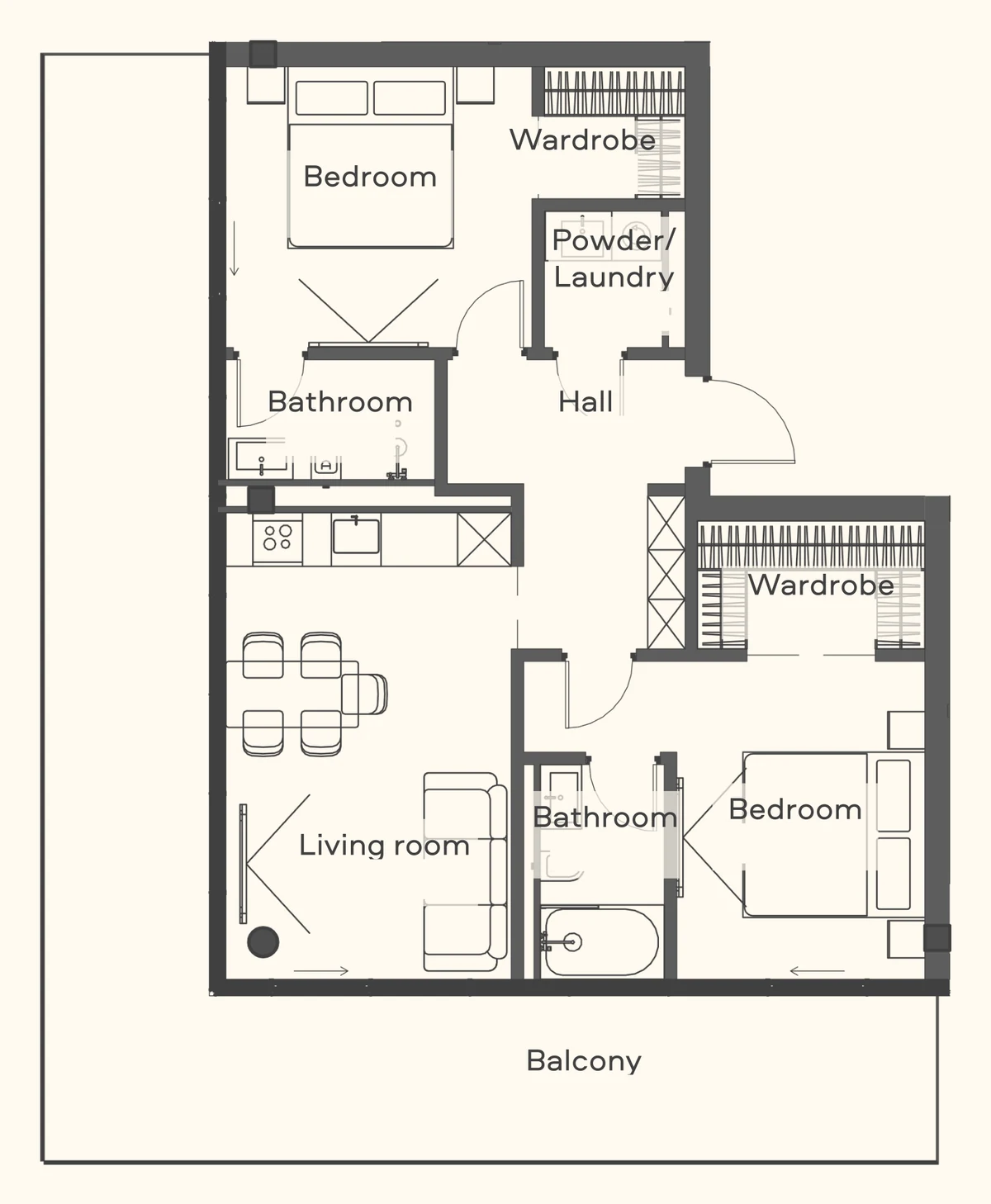 Two-bedroom apartment floor plan at Trussardi Residences, Mira Ocean Estates