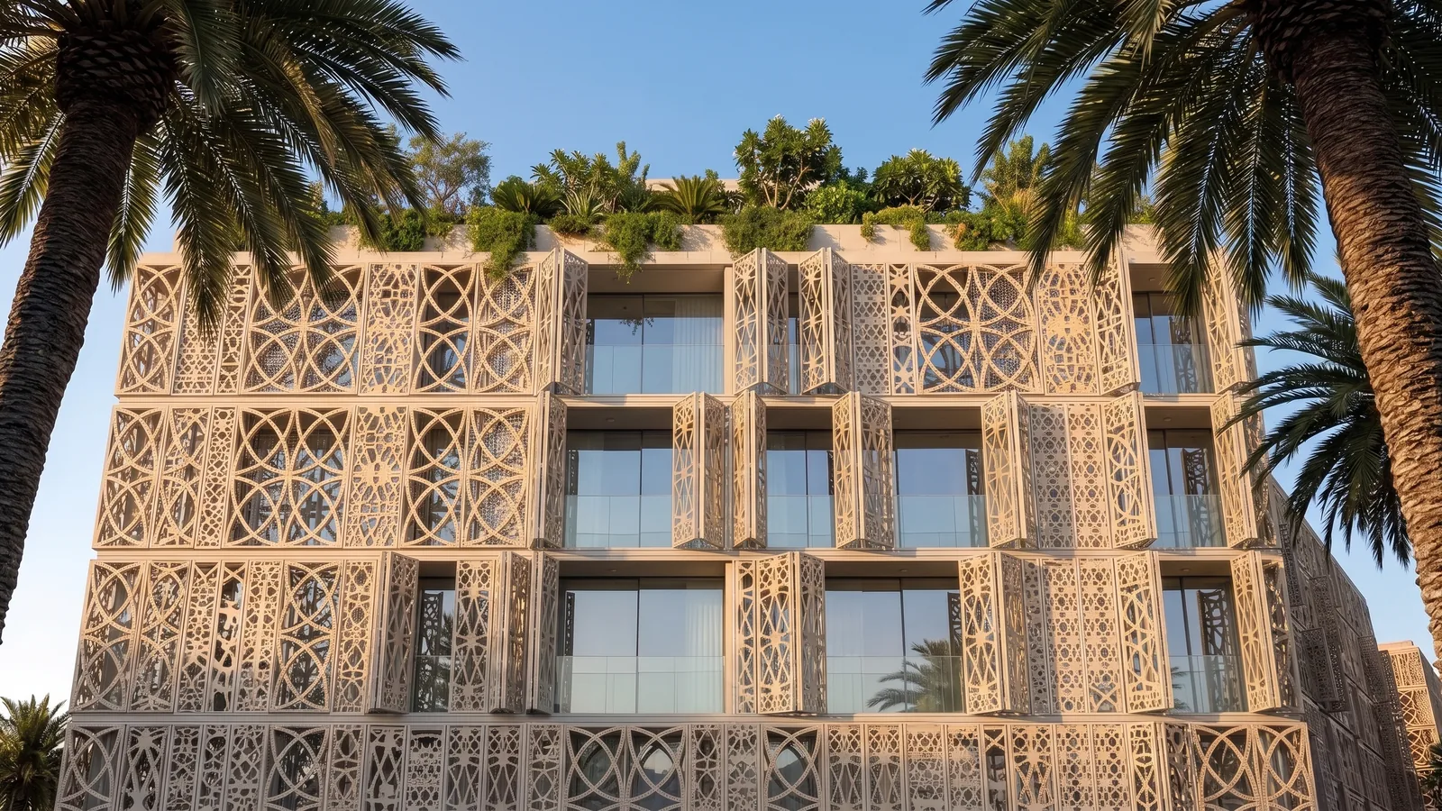 Mashrabiya-screened facade between palms