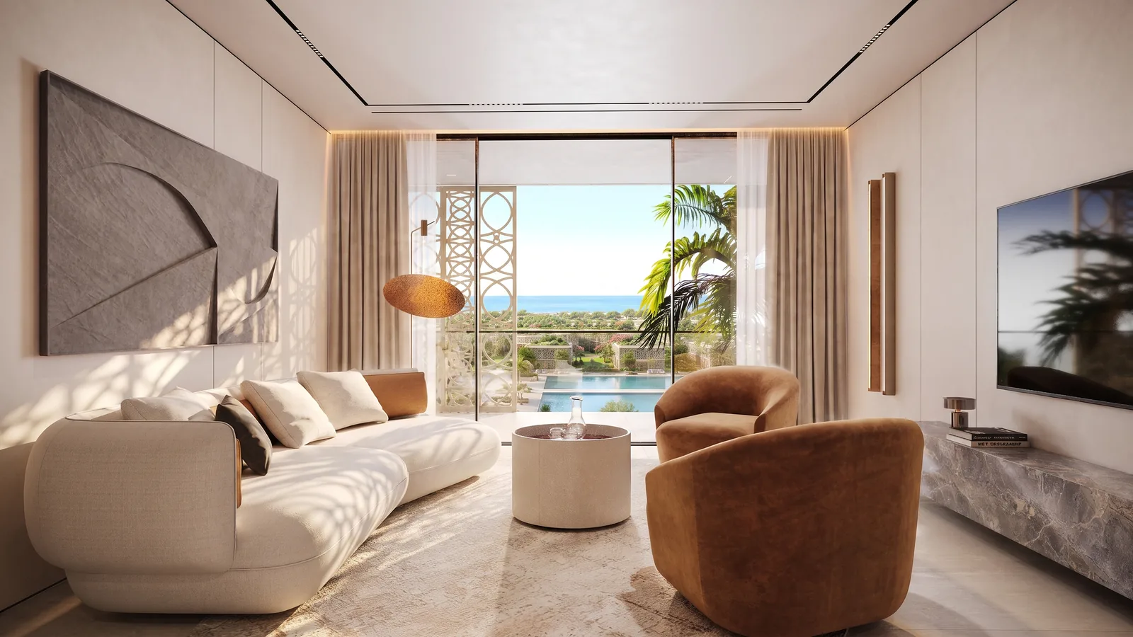 Living room by Trussardi Casa with suede armchairs and a sea view