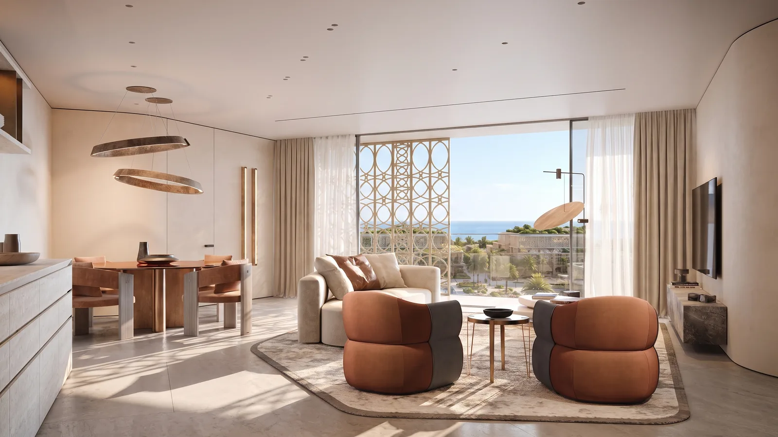 Living and dining room with the kitchen along the far wall