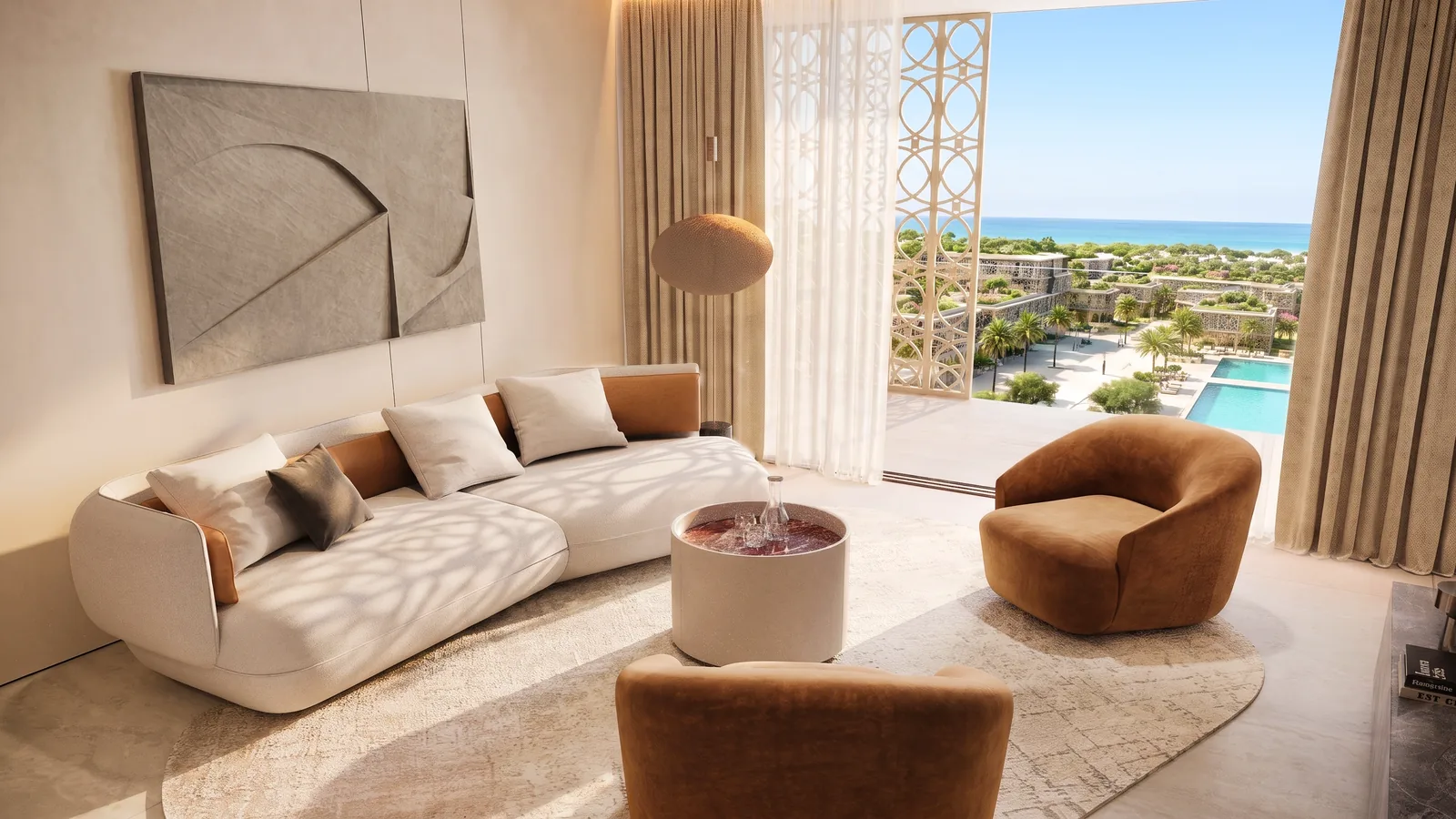 Living room looking out over the lagoon and central pool