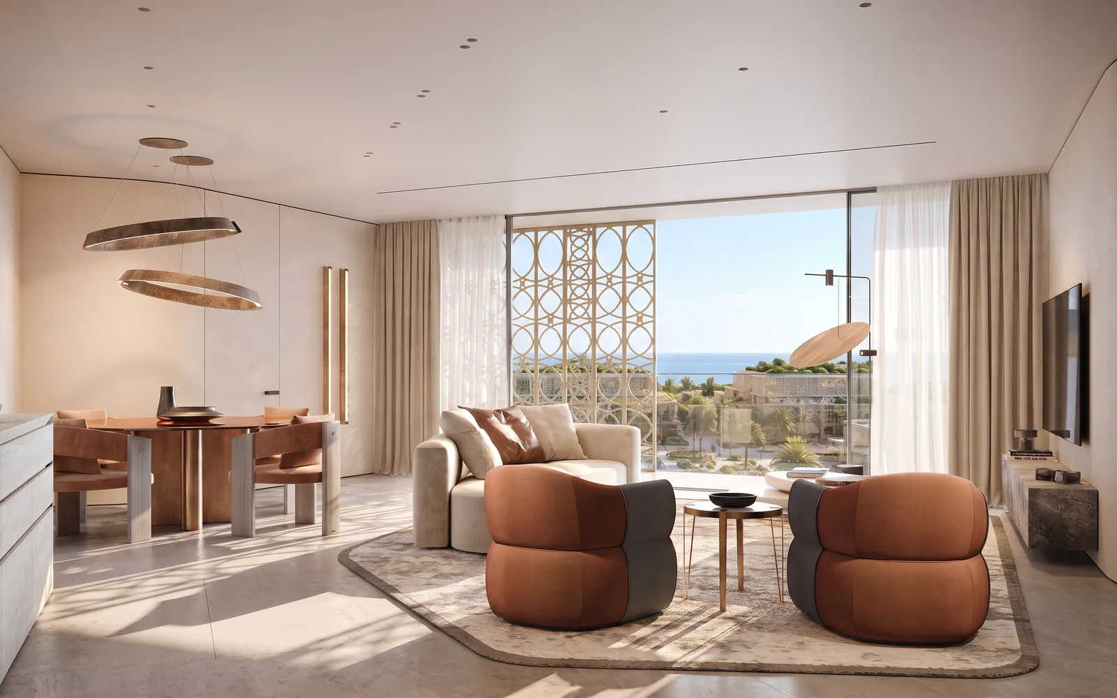 Trussardi Casa living and dining room with the kitchen beyond